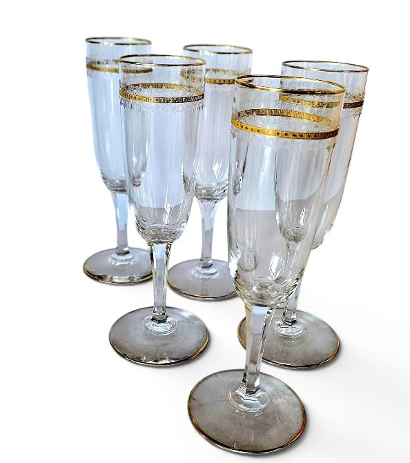 Vintage French Crystal Champagne Flute with Etched pattern and Gold Ribbon (5)
