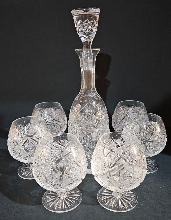 Six Antique Cut crystal Bohemia brandy snifter "Paris cut" with Decanter, C 1920