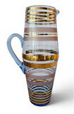 Vintage Lemonade set Glass pitcher with 4 cups Gold and coloured Rims