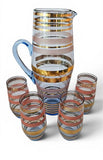 Vintage Lemonade set Glass pitcher with 4 cups Gold and coloured Rims