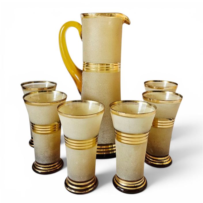 MCM Sugar frosted and gold plated glass cocktail jug and tumblers set