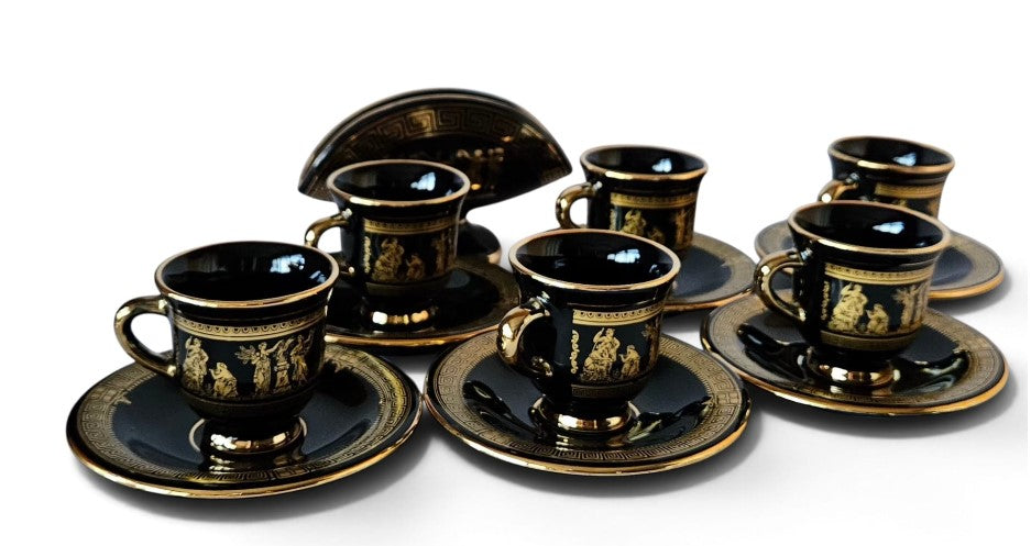 1970s Spyropoulos 24k Greek 6 x coffee Cup & Saucer & napkin holder