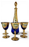 Murano Cobalt Blue Glass Decanter 24K Gold Leaf Hand Painted 5 Wine Glasses