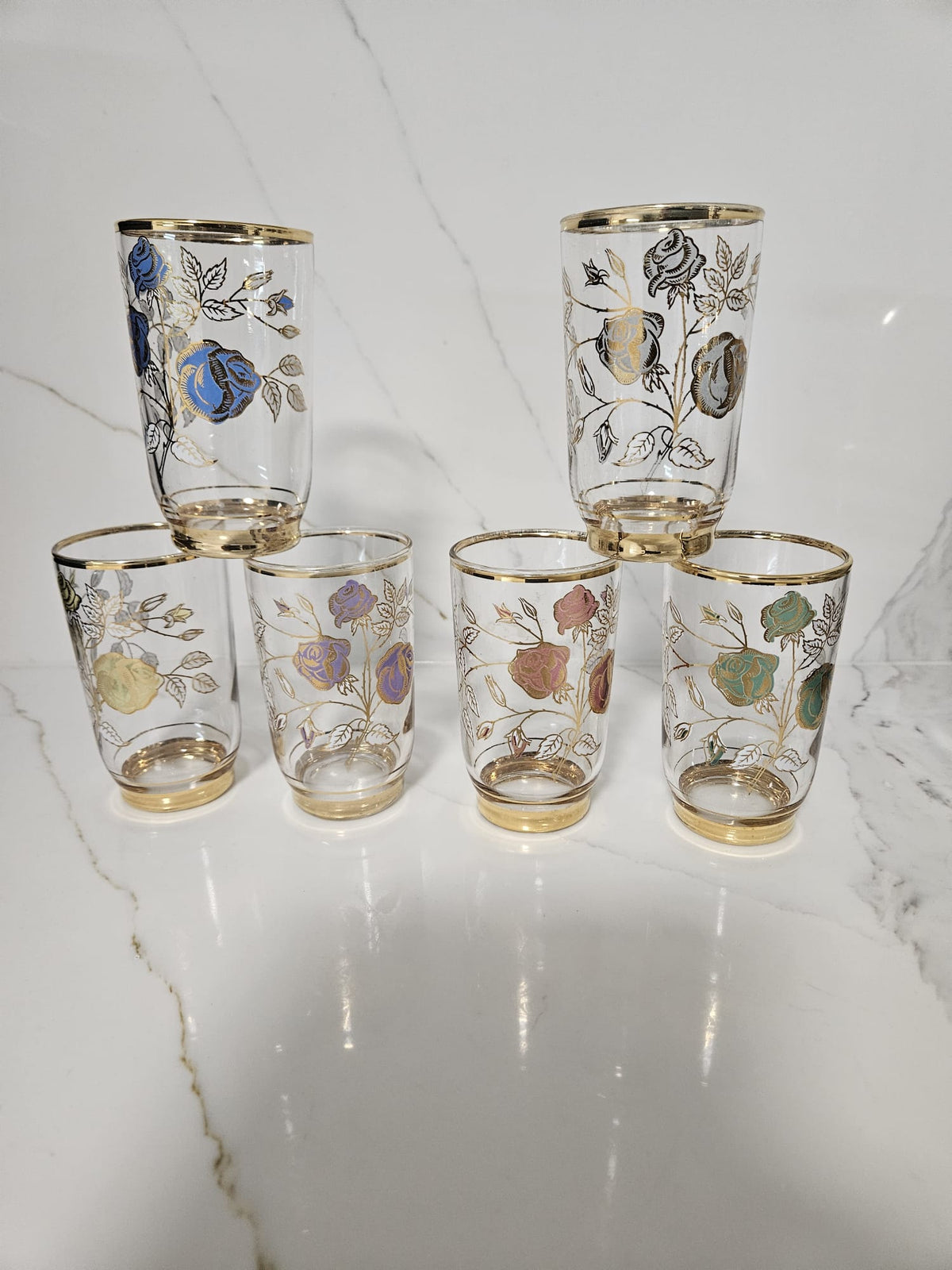 Vintage set of 6 Gold Flowers and Gold rimmed glasses - 1960s