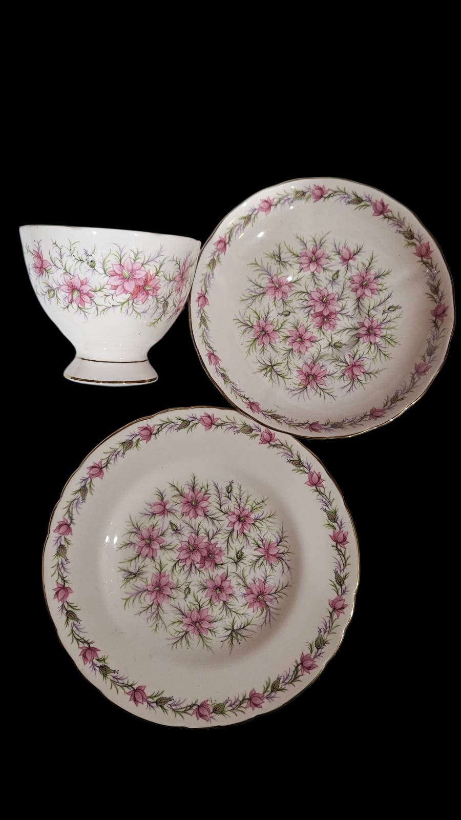 Royal Tuscan fine bone china in the pink "Love in the Mist" pattern 4 people Tea Set