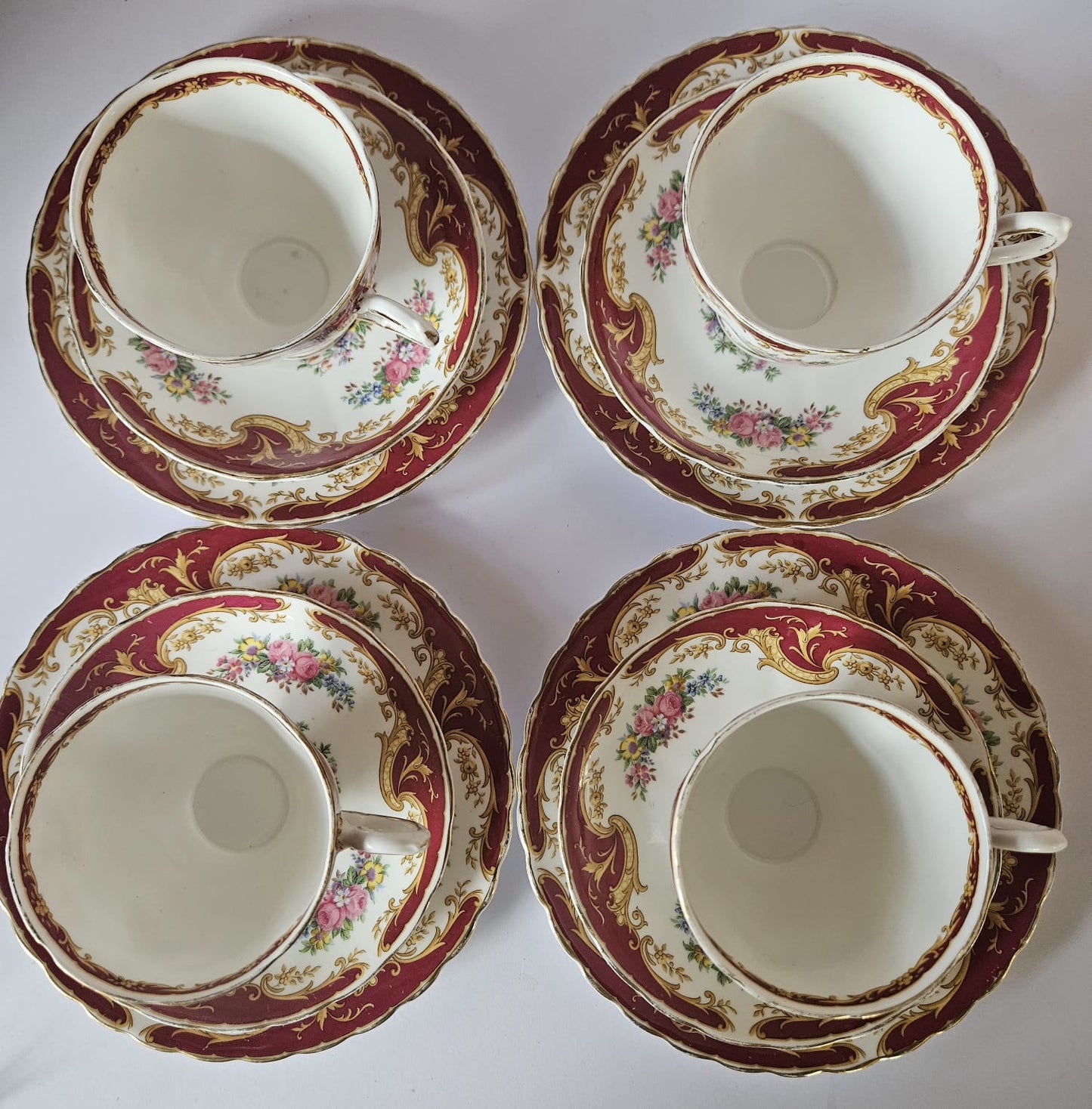 Vintage Tuscan Fine Bone China 'NAPLES' Maroon Tea set for 4, circa 1947