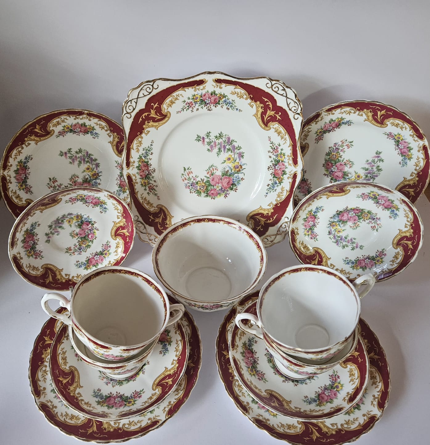 Vintage Tuscan Fine Bone China 'NAPLES' Maroon Tea set for 4, circa 1947