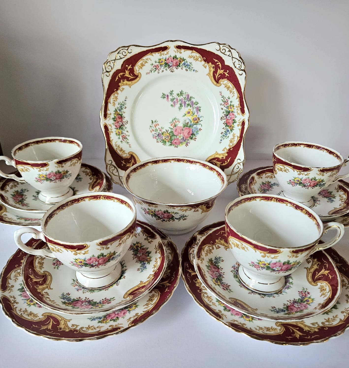 Vintage Tuscan Fine Bone China 'NAPLES' Maroon Tea set for 4, circa 1947