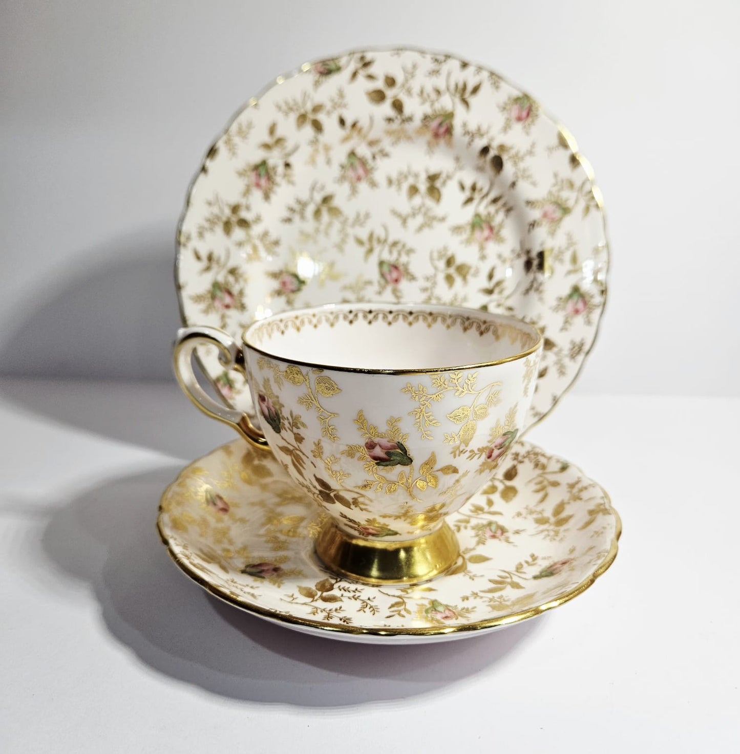 Vintage Royal Tuscan SUNSHINE Gold and Pink Chintz Trio c1950