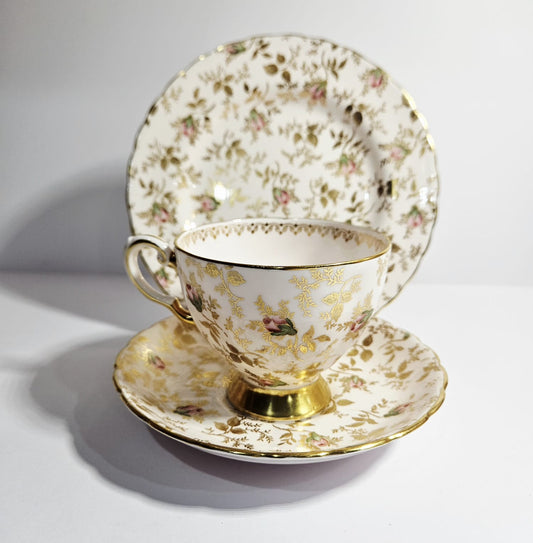 Vintage Royal Tuscan SUNSHINE Gold and Pink Chintz Trio c1950