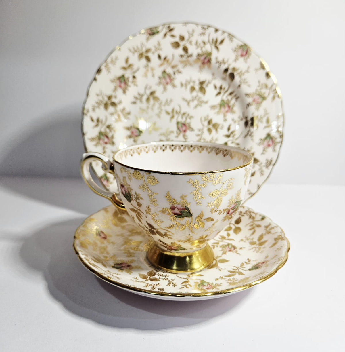 Vintage Royal Tuscan SUNSHINE Gold and Pink Chintz Trio c1950