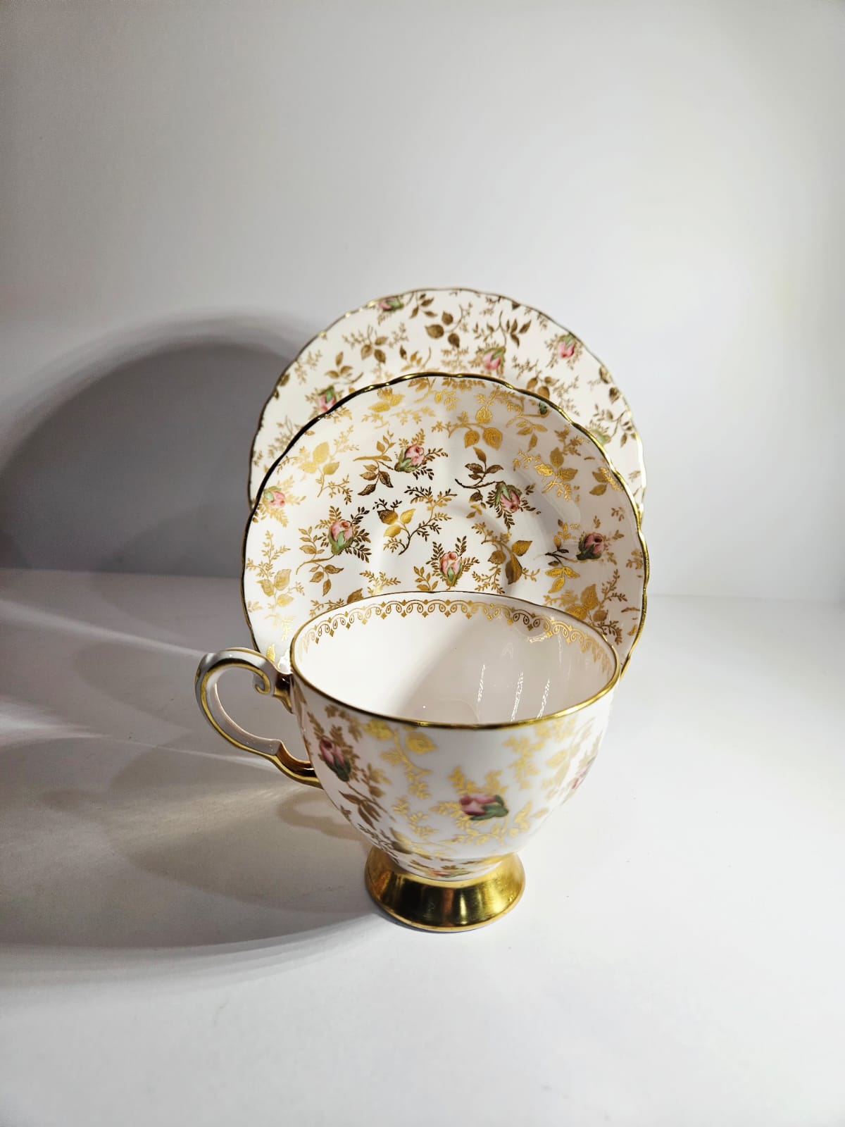 Vintage Royal Tuscan SUNSHINE Gold and Pink Chintz Trio c1950