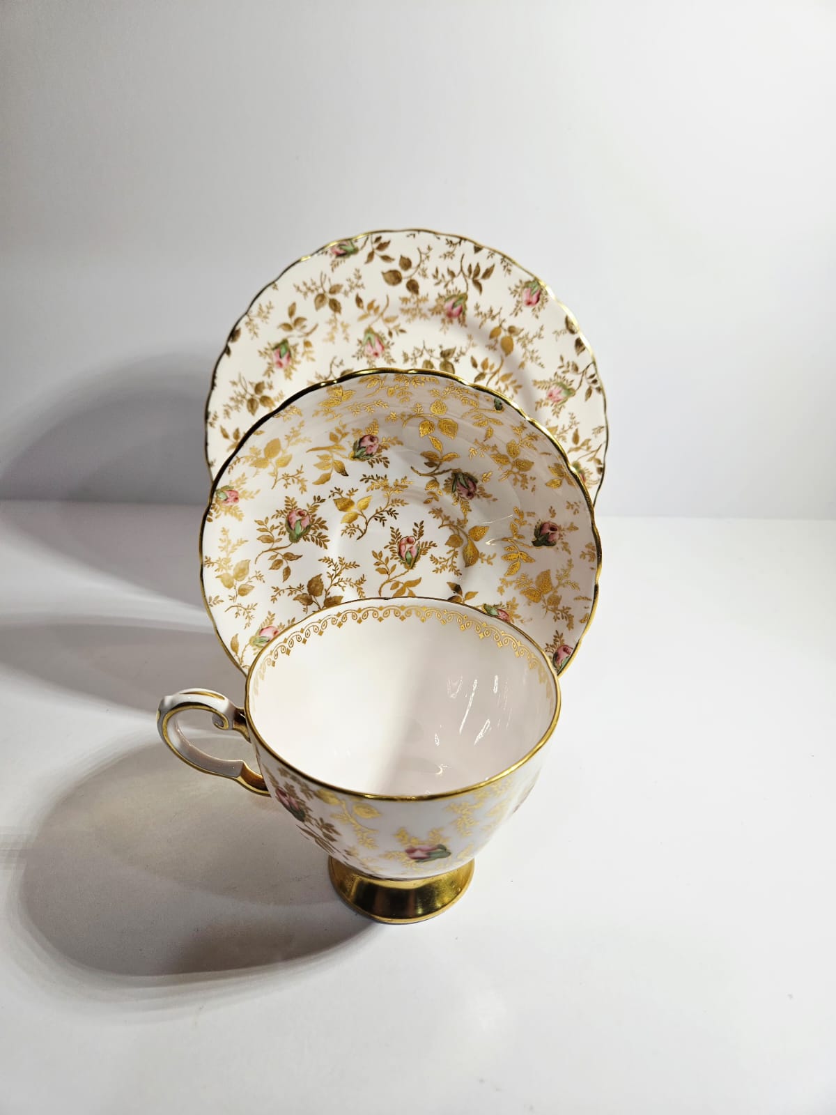 Vintage Royal Tuscan SUNSHINE Gold and Pink Chintz Trio c1950