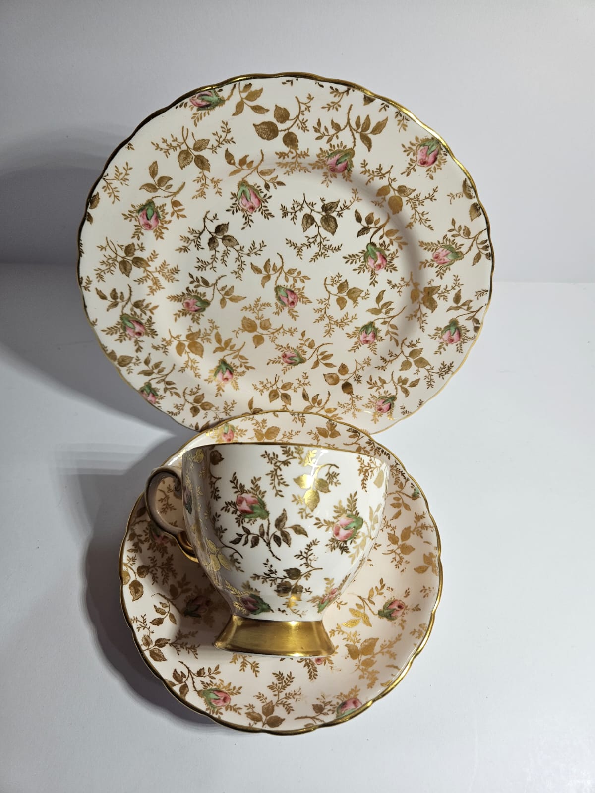 Vintage Royal Tuscan SUNSHINE Gold and Pink Chintz Trio c1950