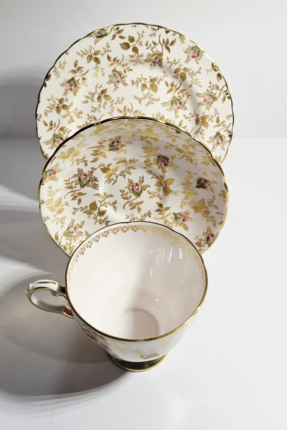 Vintage Royal Tuscan SUNSHINE Gold and Pink Chintz Trio c1950