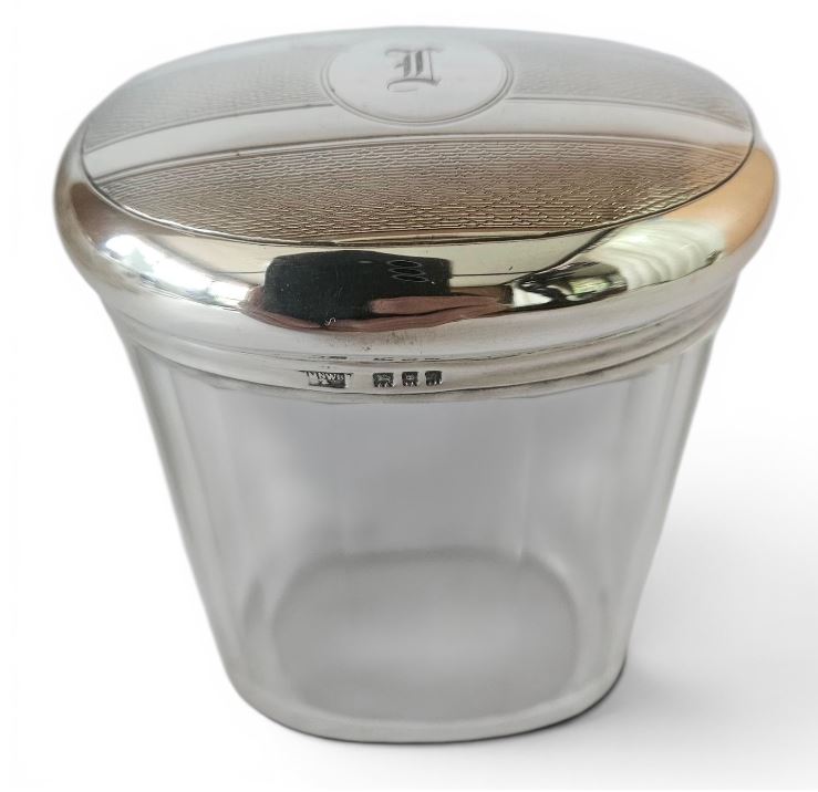 Antique Glass Faceted Oval Vanity Jar with Sterling Silver lid - London 1926