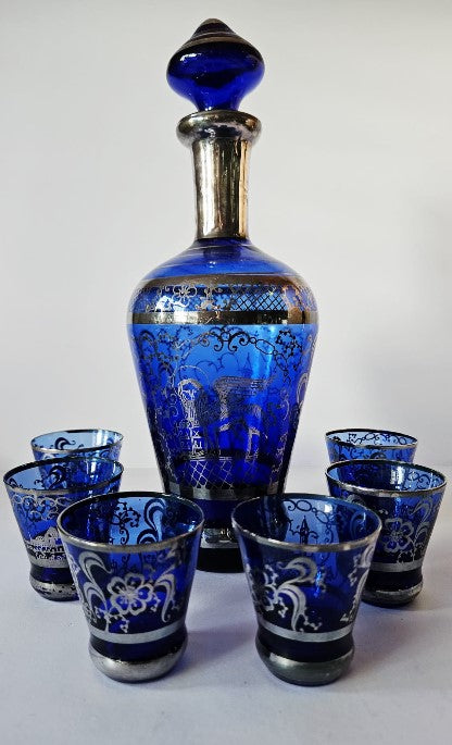 Venetian Silver Overlay Cobalt blue Scenes & Lion of Venice Decanter Set