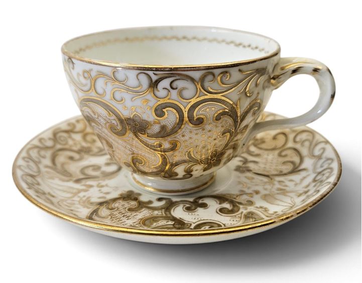 Antique "Vieux Paris" porcelain teacup and saucer w/ raised gold-gilt rococo scroll Circa 1850s