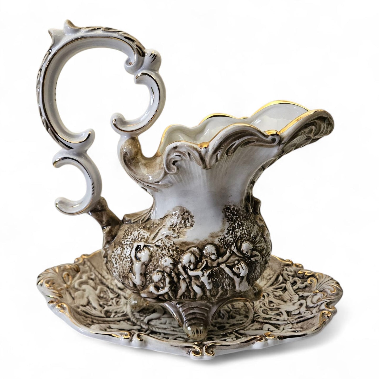 Vintage Capodimonte Water pitcher and Bassin set "Cherubs" with Gold Gilt