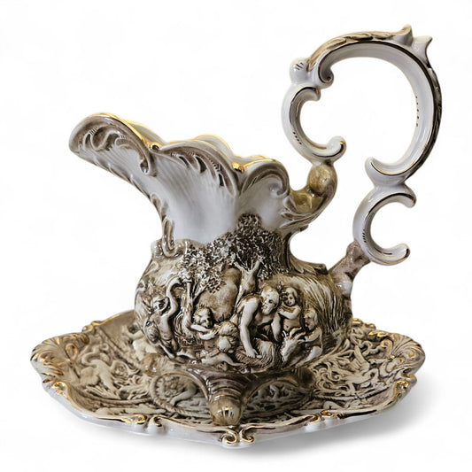 Vintage Capodimonte Water pitcher and Bassin set "Cherubs" with Gold Gilt
