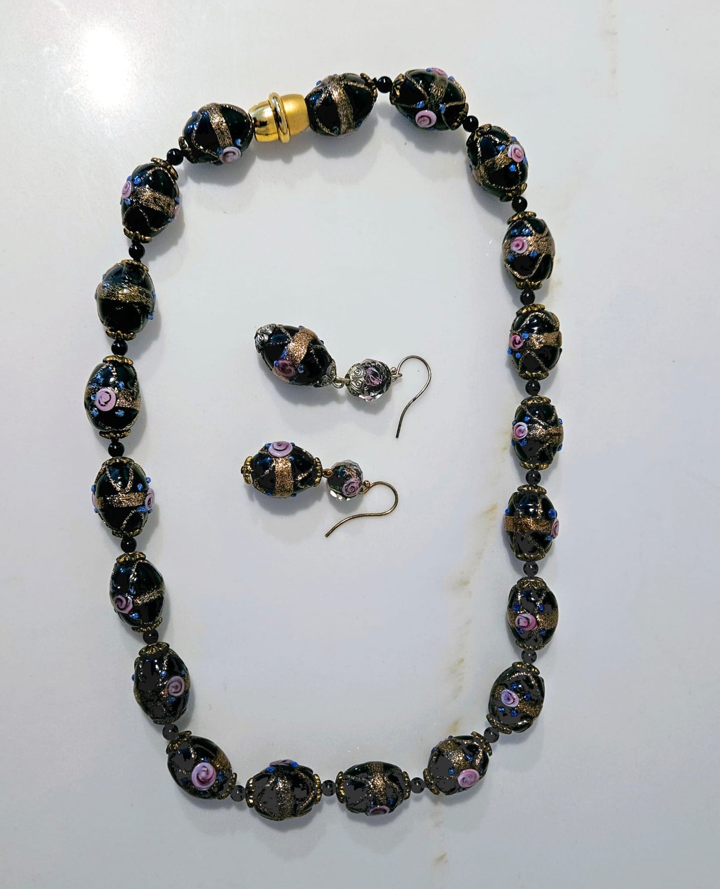 Vintage Venetian Murano Wedding cake necklace with matching earrings