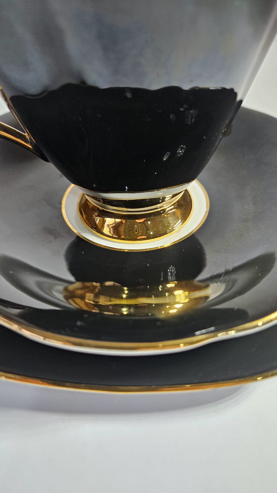 Windsor black bone china Trio with large pink cabbage roses