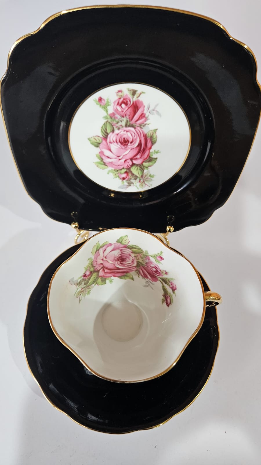 Windsor black bone china Trio with large pink cabbage roses