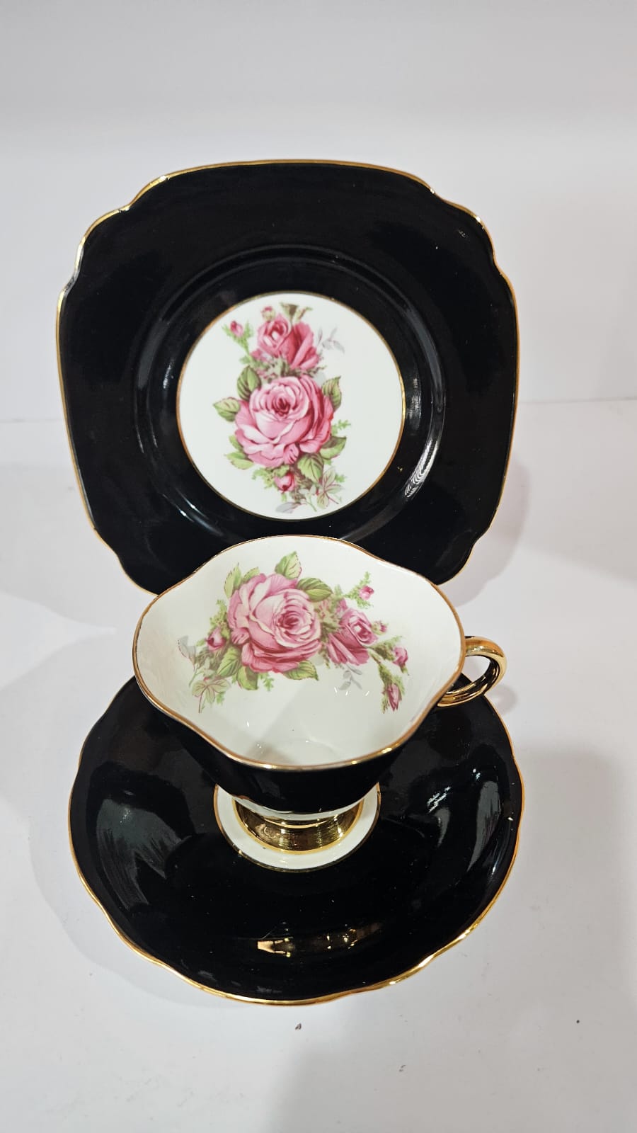 Windsor black bone china Trio with large pink cabbage roses