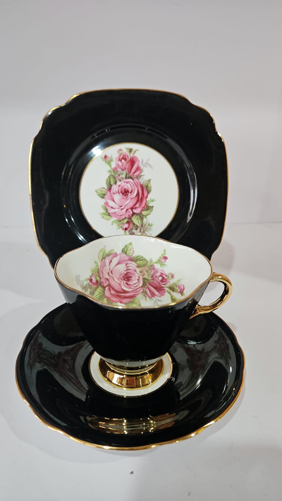 Windsor black bone china Trio with large pink cabbage roses