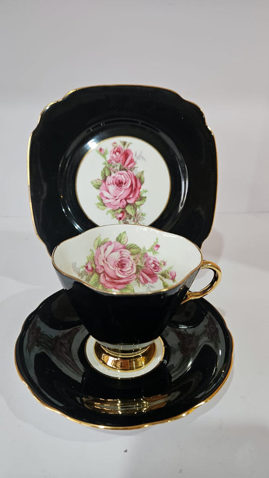 Windsor black bone china Trio with large pink cabbage roses