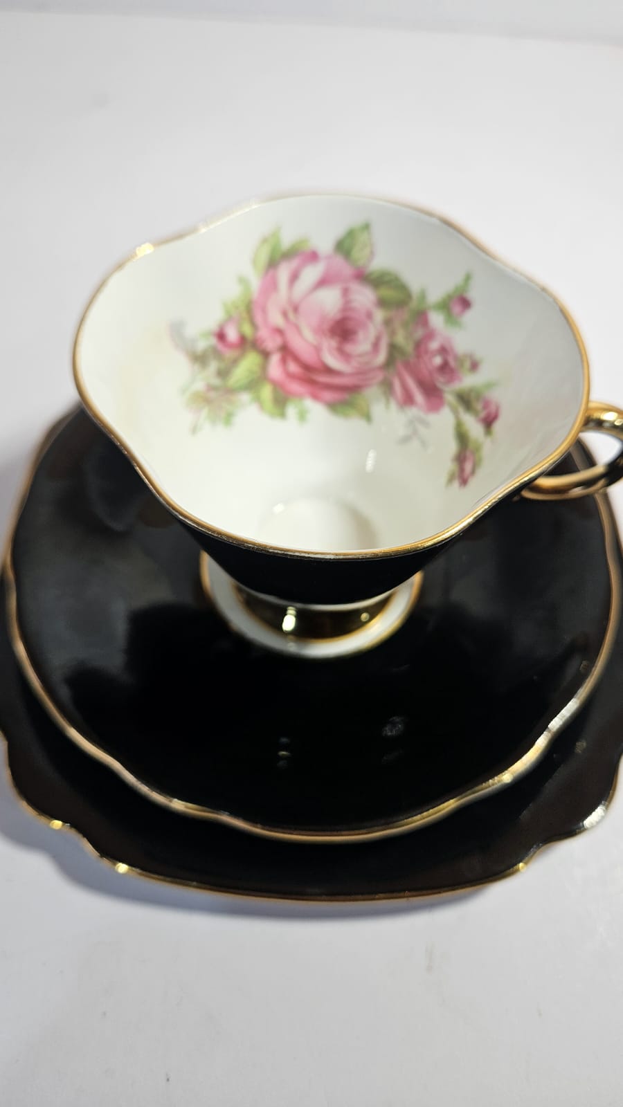 Windsor black bone china Trio with large pink cabbage roses