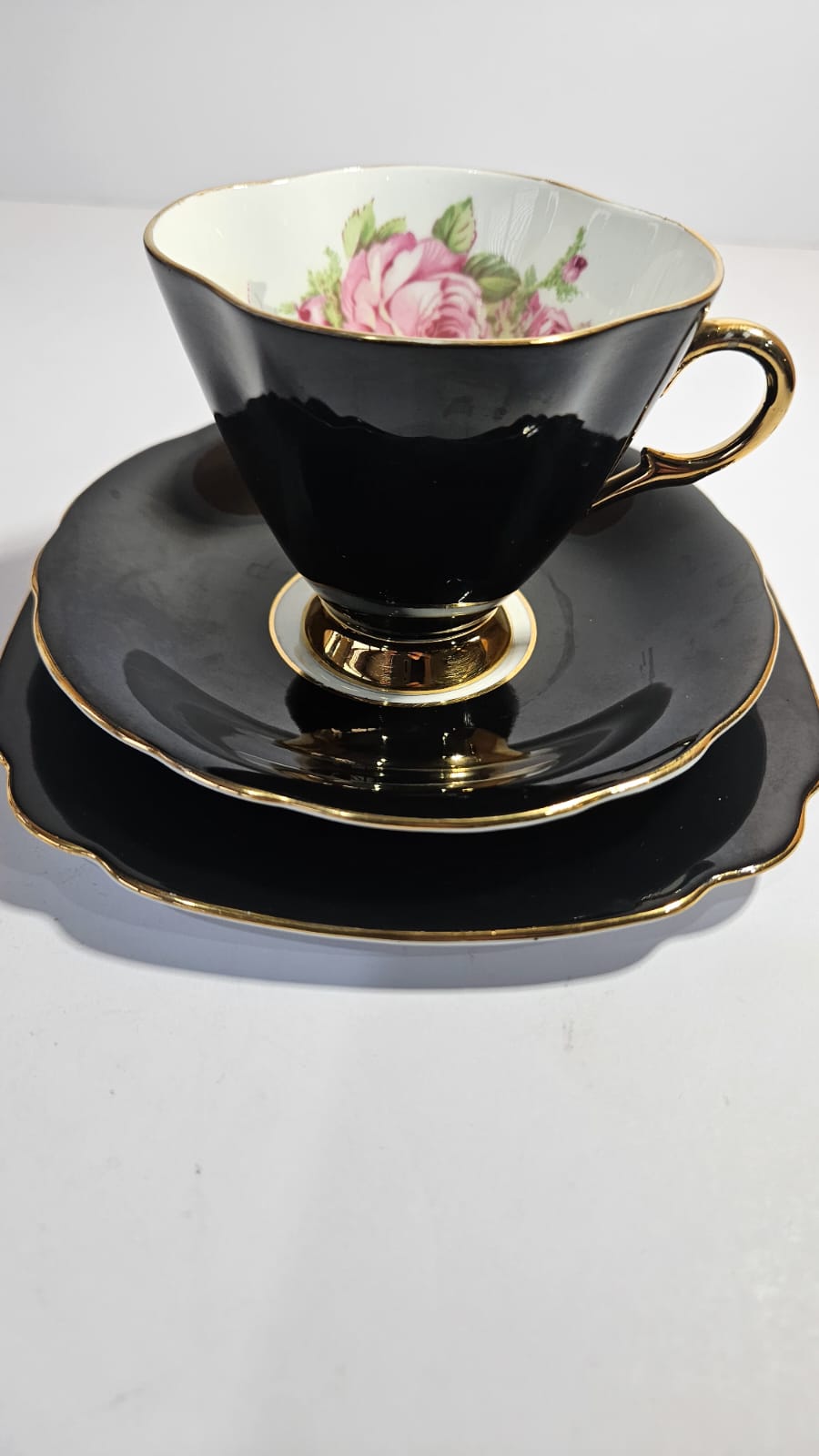 Windsor black bone china Trio with large pink cabbage roses
