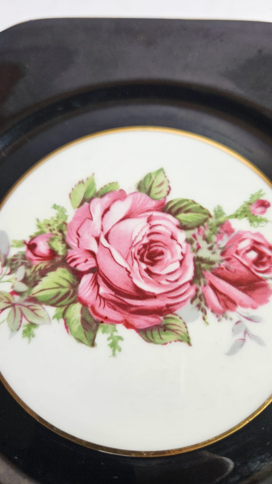 Windsor black bone china Trio with large pink cabbage roses