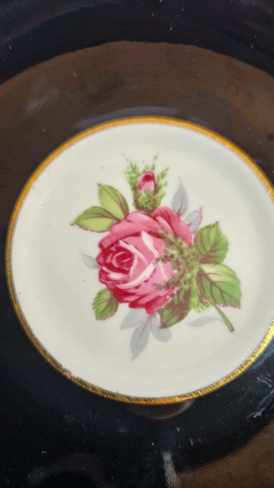 Windsor black bone china Trio with large pink cabbage roses