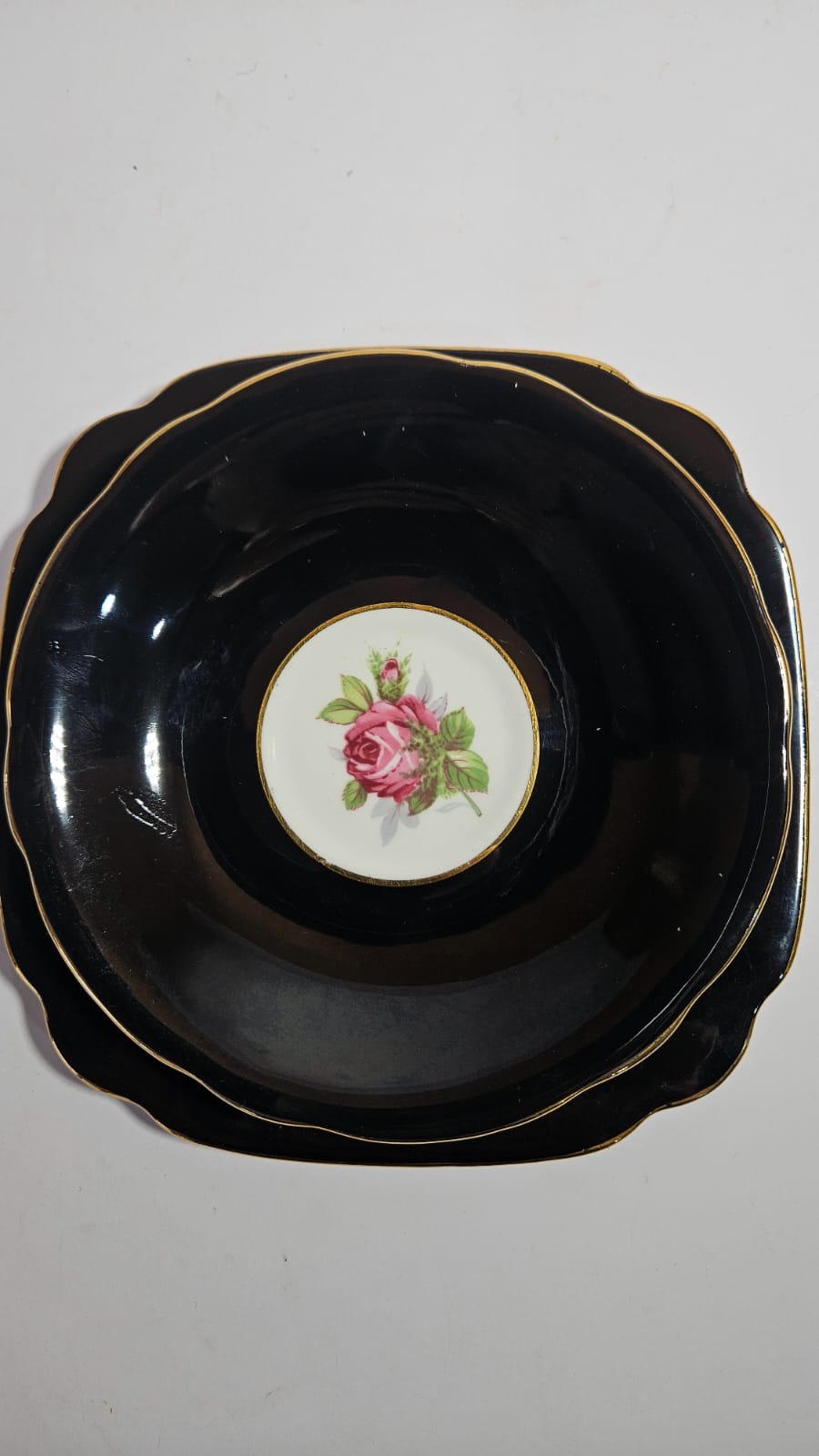 Windsor black bone china Trio with large pink cabbage roses