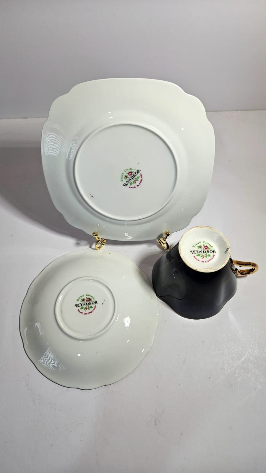 Windsor black bone china Trio with large pink cabbage roses