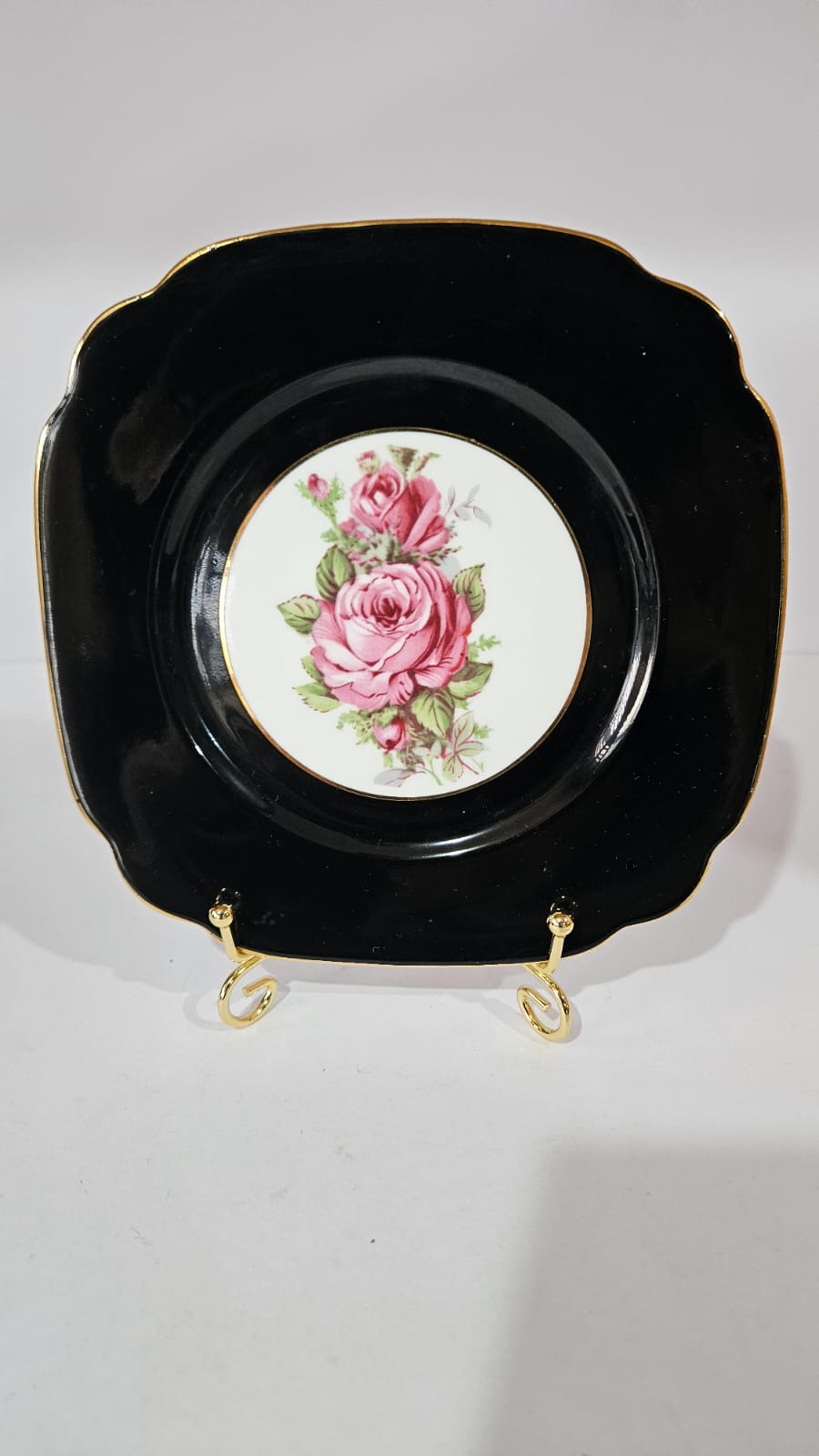 Windsor black bone china Trio with large pink cabbage roses