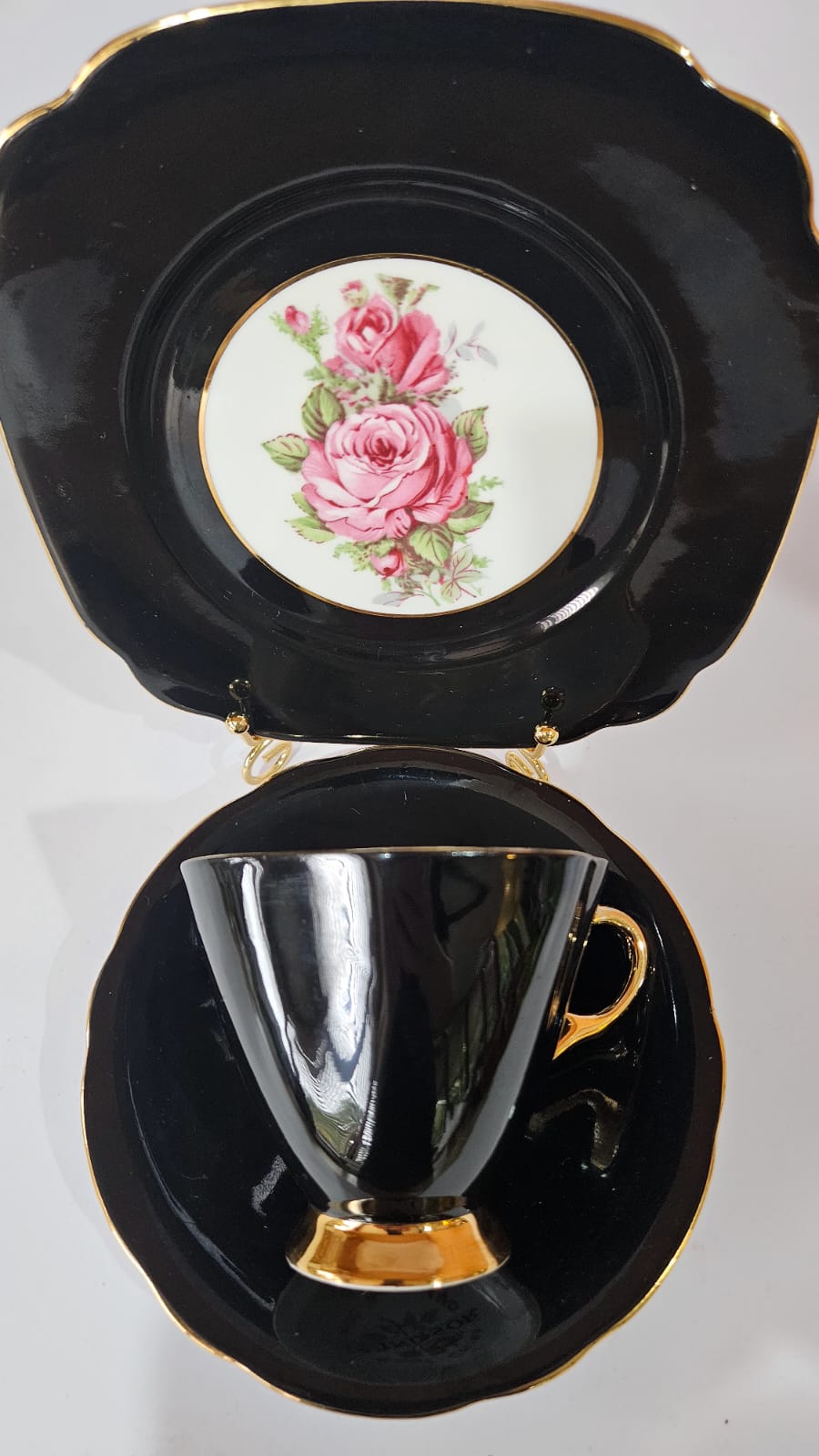 Windsor black bone china Trio with large pink cabbage roses