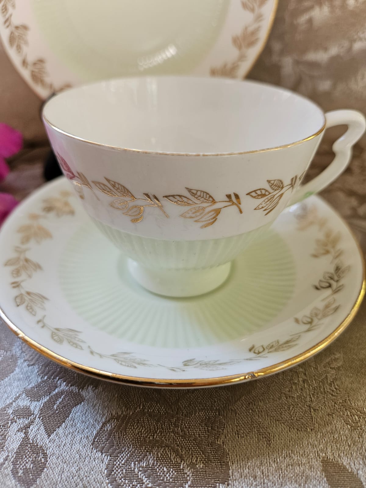 Vintage Colclough Pale Green & Gold leafs Trio Bone China c.1950