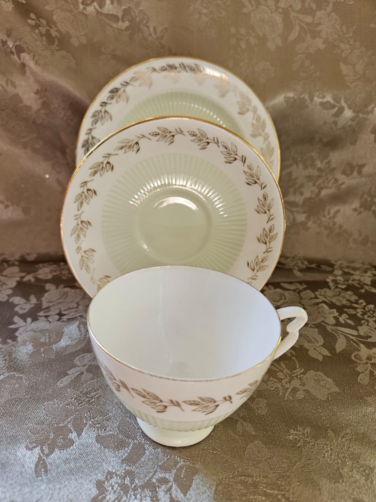 Vintage Colclough Pale Green & Gold leafs Trio Bone China c.1950