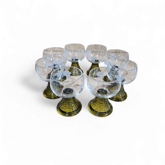 8 x Roemer Wine glasses Olive Green Hollow stems