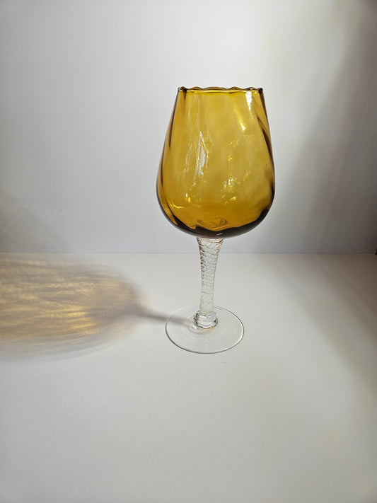 Vintage Yellow Empoli Brandy Balloon MCM Art Glass Optical Rib Long Twist Stem