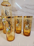 Vintage Venetian decanter and 6 enameled glasses with hand painted floral pattern and gold guilding