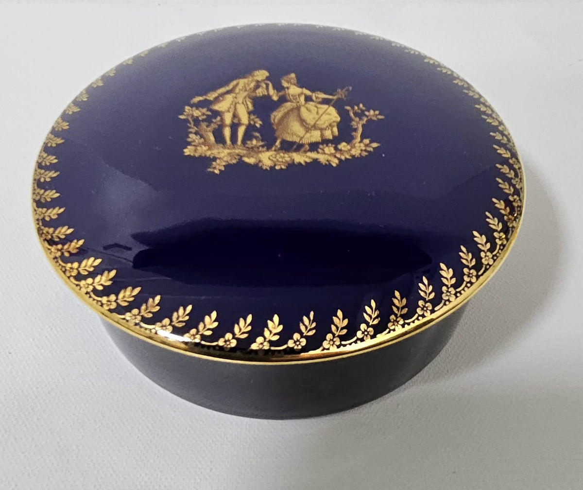 Vintage Porcelain de LIMOGES Ternet France Cobalt Blue and Gold Round Jewelry Box